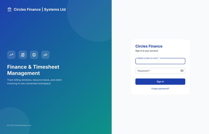 Circles Finance invoicing and budget app sign-in screen