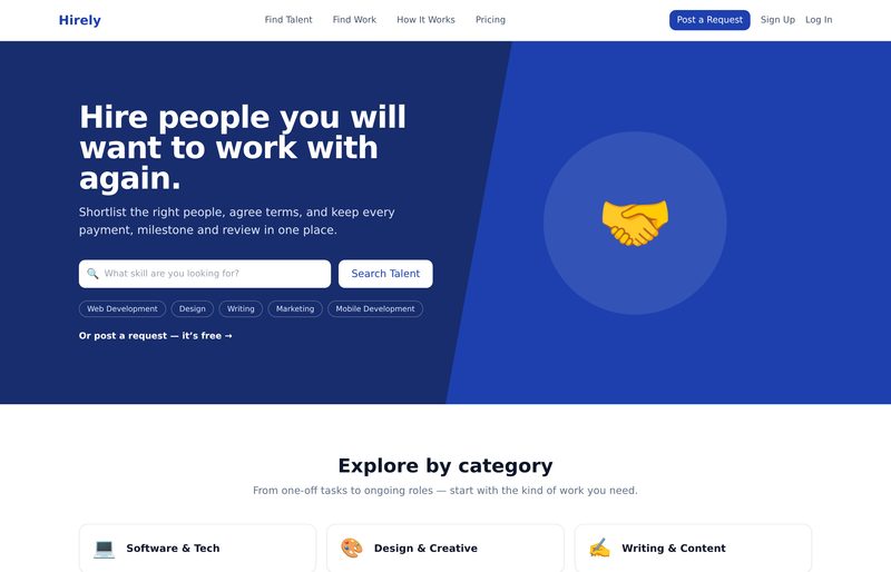 Hirely client and talent matching platform landing page