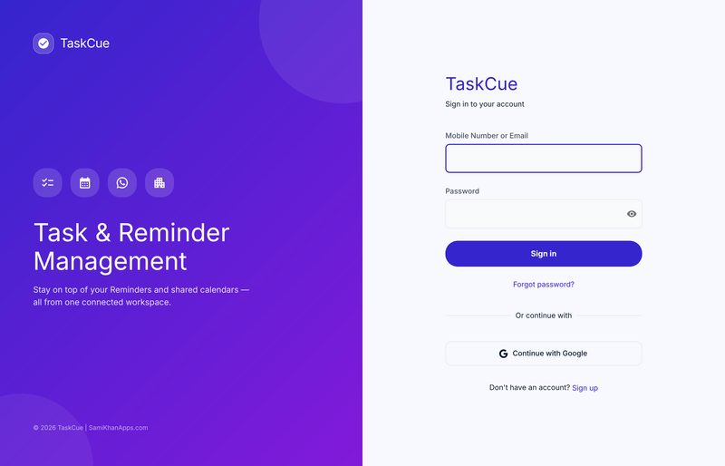 TaskCue task and reminder app sign-in screen